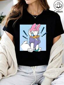 Camiseta de Algodón Negra de Corte Ajustado con Gráfico de Estilo Cómic Retro de Margarita Enojada: Perfecta para Fans del Reino Mágico de Fantasía, Visitas a Parques Temáticos y Uso Casual, Regalo Ideal, Camiseta de Algodón Puro de Corte Relajado, Suave, de Manga Corta, Básica para Uso Diario para Jóvenes Mujeres, Ideal para Moda Urbana, Vacaciones Escolares, Paseos al Aire Libre, Fiestas de Fin de Semana, Uso Casual Diario, Combinación de Ropa. - Negro - Ver 1