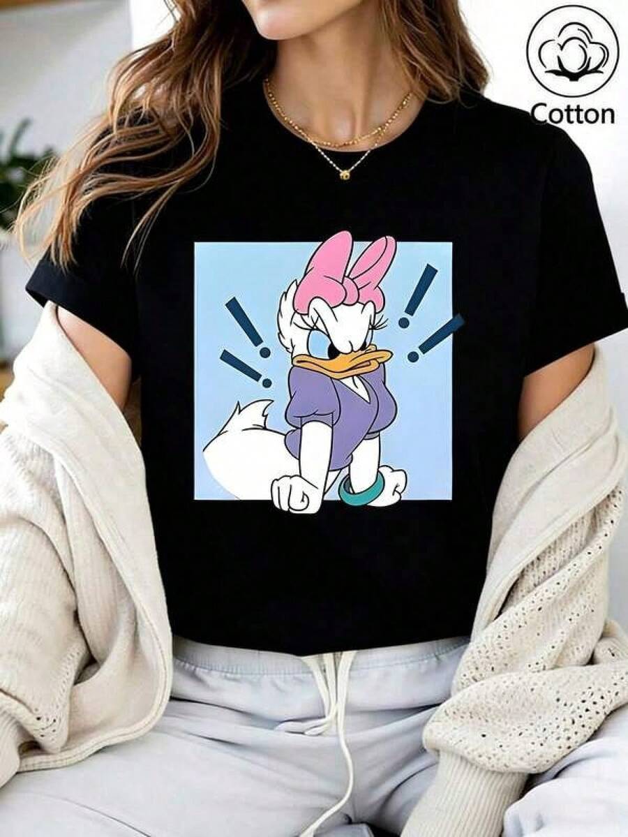 Camiseta de Algodón Negra de Corte Ajustado con Gráfico de Estilo Cómic Retro de Margarita Enojada: Perfecta para Fans del Reino Mágico de Fantasía, Visitas a Parques Temáticos y Uso Casual, Regalo Ideal, Camiseta de Algodón Puro de Corte Relajado, Suave, de Manga Corta, Básica para Uso Diario para Jóvenes Mujeres, Ideal para Moda Urbana, Vacaciones Escolares, Paseos al Aire Libre, Fiestas de Fin de Semana, Uso Casual Diario, Combinación de Ropa. - Negro - Ver 1