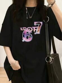 Blusas para Mujer: Camiseta de K-POP con temática de fans, con marcos de fotos de los icónicos números 6 y 7 y texto de K-POP - Atuendo dulce y genial de la cultura pop coreana, camiseta de primavera/verano de corte holgado informal, adecuada para fans de K-POP (fotos icónicas de grupos y solistas). Ideal para salidas informales, vacaciones / Lavable a máquina, no apta para limpieza en seco. ,Versatile 127% Cotton Casual Top, Breathable Loose Short Sleeve Design For Teen Girls Women, Perfect For Daily Leisure Street Style Campus Daily Holiday Shopping Dating Small Group Gatheringropa  ropa de mujer basicos mujer tops de mujer ofertas ropa deportiva de mujer playeras para hombre playeras de mujer y23k mujer - Negro - Ver 1