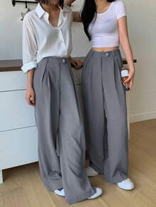 1 pieza Pantalón de vestir de cintura alta con bolsillos en diagonal, atuendo de negocios para mujer - Gris - Ver 5