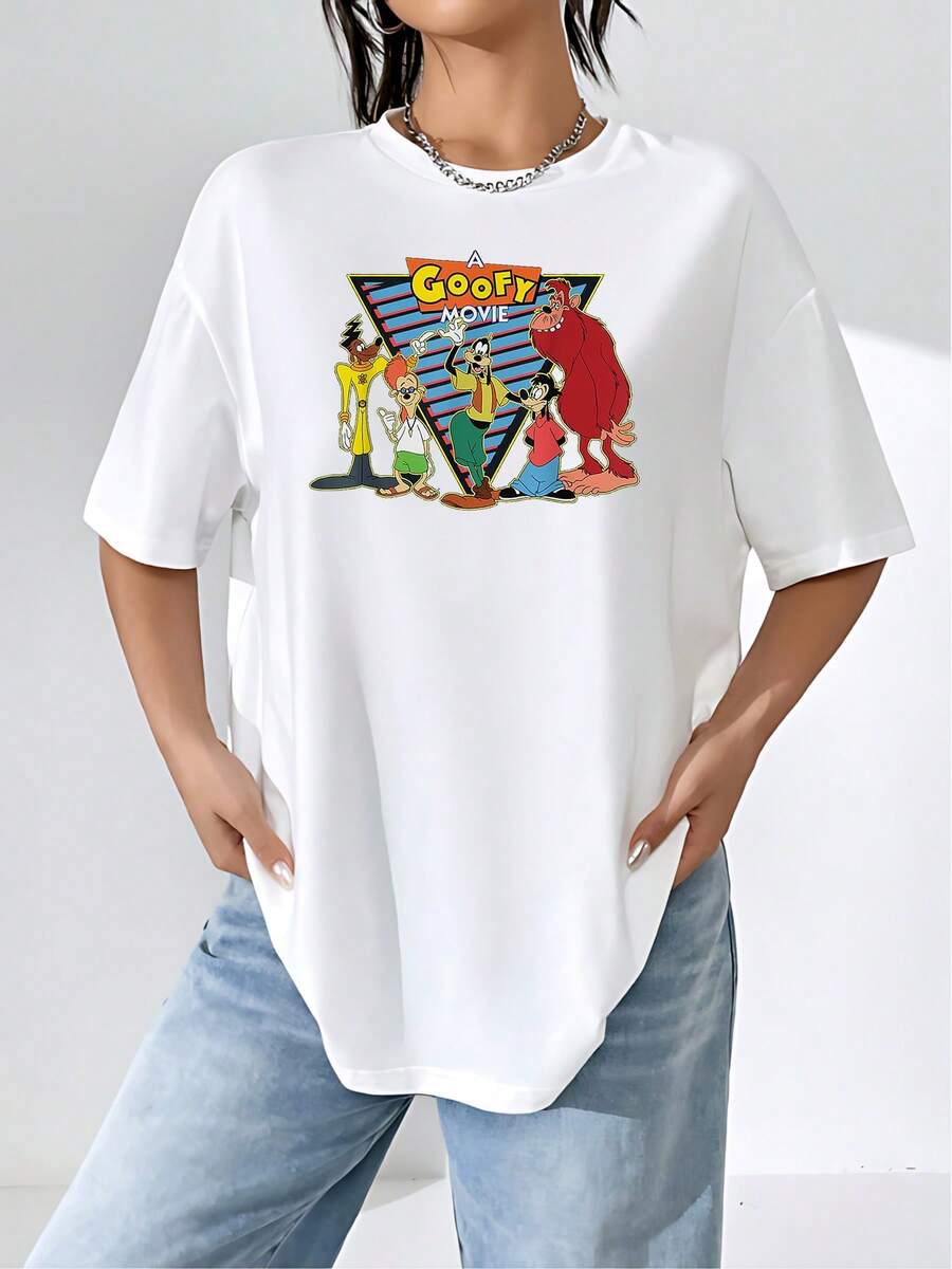 Colorful Graphic Featuring A Group Of Cartoon Characters In Fun Poses Conveying Friendship, Joy, And Nostalgia-Perfect For Retro Lovers. Comfortable And Casual Women's T-Shirt For Everyday Wear. - White - View 1