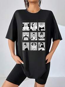 Graphic Portraits Of Iconic Villains Showcasing Different Expressions And Years, Evoking Strength And A Rebellious Attitude With An Artistic Touch. Comfortable Casual Women's T-Shirts For Everyday Wear. - 黑色 - 查看 6