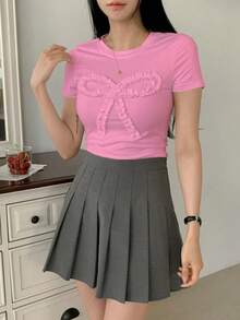 Camiseta casual de verano para mujer con volantes y decorativa con lazo, crop tops para mujer, camisetas gráficas - Rosa coral - Ver 5