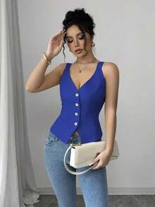 Camiseta sin mangas de un solo pecho de unicolor casual para mujer - azul real - Ver 7