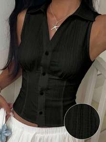 Camisa informal sin mangas con botones delanteros, de tejido negro, para verano - Negro - Ver 7