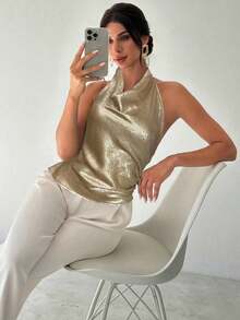 Camisa elegante de oficina para mujer, blusa asimétrica sin mangas con cuello halter y espalda descubierta, con botones decorativos ajustables, ajustada, negra, para oficina.Camisa de oficina para mujer, ropa de primavera/verano, elegante, sexy - Dorado 2 - Ver 7