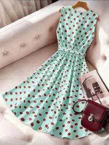 Vestido de línea A con cuello en V sin mangas, estampado de lunares y lazo en la cintura, adecuado para el Día de San Valentín y citas - Azul 2 - Ver 2