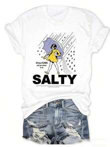 Cute Unisex Premium Casual T-Shirts, Plus Size, Umbrella Print T-Shirt - Vintage Style, Summer Beachwear For Women, Perfect For Vacation And Everyday Wear, Unisex T-Shirt, Suitable For Casual Daily Outings, Short Sleeve Summer Top, Retro Y2K Print T-Shirt - 白色 - 查看 6
