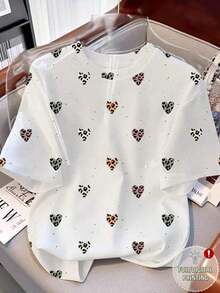 Camiseta de cuello redondo casual de mujer con estampado digital y bordado floral en todo el diseño - Blanco - Ver 5