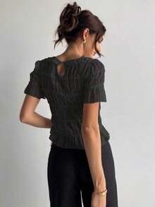 Blusa de mujer elegante de chifón y encaje con parches en color albaricoque - Negro - Ver 2