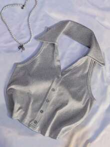 Blusa sin mangas con cuello polo y escote en V para mujer, de estilo casual y chic para la calle, en color marrón - Gris Claro - Ver 6