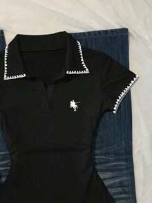 Camiseta casual de mujer con ribete de contraste y cintura fruncida, para verano - Negro - Ver 4