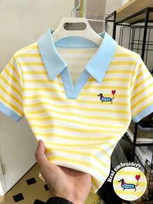 Camisa polo casual de manga corta con rayas y estampado de cerezas - Multicolor - Ver 1