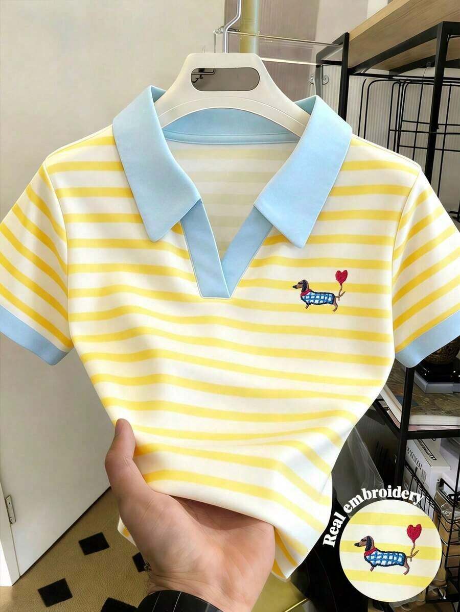 Camisa polo casual de manga corta con rayas y estampado de cerezas - Multicolor - Ver 1