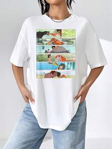 Ilustración que representa la amistad y la aventura en la selva con animales y un niño que aprende sobre el valor del coraje y la unión camiseta de mujer  casual cómoda para uso diario - Blanco - Ver 1