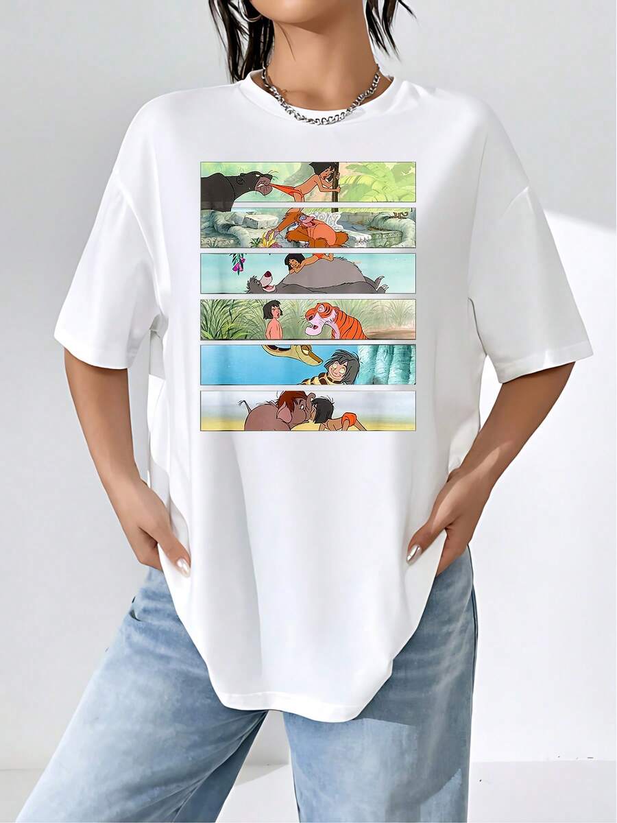 Ilustración que representa la amistad y la aventura en la selva con animales y un niño que aprende sobre el valor del coraje y la unión camiseta de mujer casual cómoda para uso diario - Blanco - Ver 1