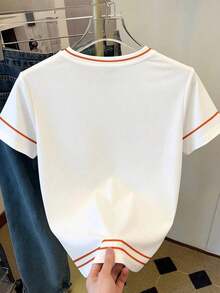 Camiseta de mujer de cuello redondo con estampado de contraste de color degradado de fresa, para verano - Blanco 2 - Ver 2