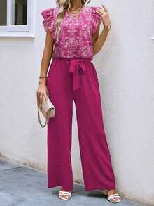 2 piezas Conjunto casual de vacaciones con blusa de mangas de casquillo con cuello en V con estampado floral y pantalones de pierna ancha para mujer - Rosa Fucsia - Ver 7