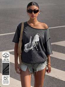 Camiseta de manga corta holgada con estampado todo sobre hombros descubiertos de estilo minimalista casual para mujer, estampado a rayas retro americano, camiseta de hombros abiertos, ropa urbana para mujer - Negro 2 - Ver 5