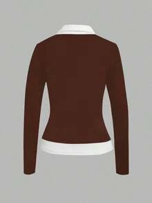 Blusa casual de manga larga con cuello de contraste y diseño 2 en 1 para mujer - Marrón - Ver 2
