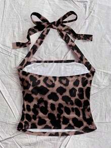 Top sin mangas ajustado de Body entero con estampado completo de leopardo, adecuado para el verano - Café integral - Ver 2