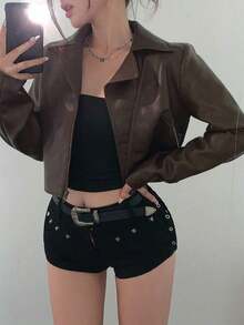 Chaqueta corta de PU casual y holgada para mujer, estilo callejero para otoño e invierno, ropa de mujer de otoño - Marrón - Ver 8
