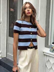 Blusa de punto de manga corta con botones y rayas de contraste para mujer - Multicolor - Ver 6