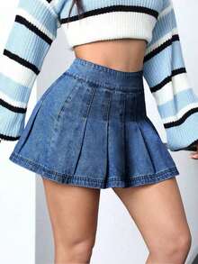 Falda Tipo A Plisada De Mezclilla unicolor Para Mujer - Azul lavado oscuro - Ver 4