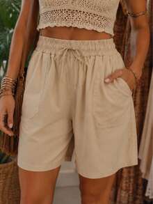 Bermuda ligera mujer short unicolor con costura de contraste, pantalón corto con cintura ajustable dama para vacaciones - Beis - Ver 5