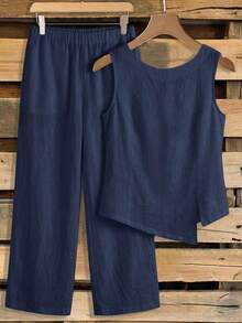2 piezas Conjunto casual de uso diario con top y pantalones con diseño de abertura de jacquard para mujer - Azul marino - Ver 4