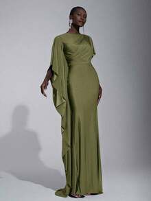 Elegante y lujoso vestido de dama de honor con abertura y volantes en las mangas, de satén azul marino - Verde militar - Ver 1