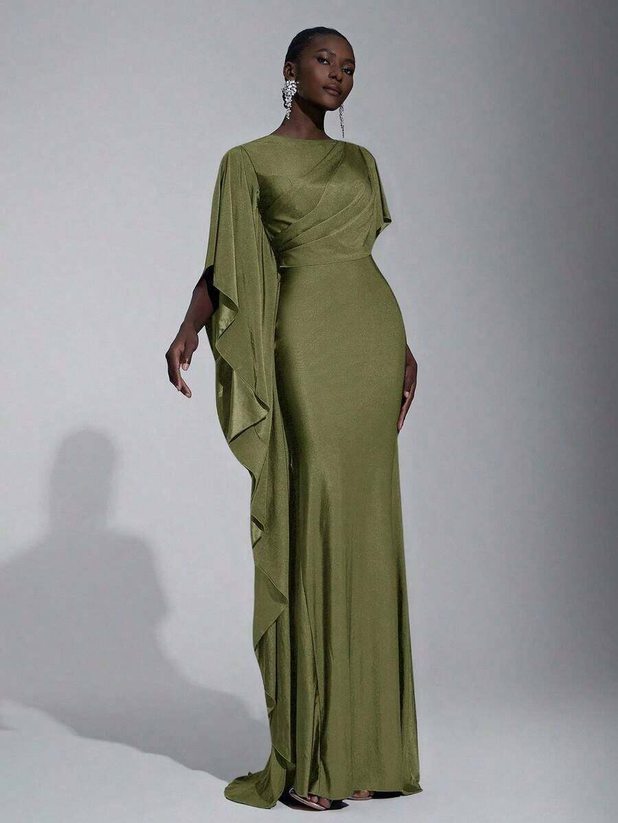 Elegante y lujoso vestido de dama de honor con abertura y volantes en las mangas, de satén azul marino - Verde militar - Ver 1