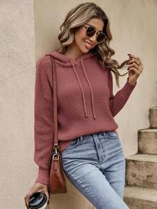 Frenchy Sudadera con capucha y cordón, hombros caídos, tejido jacquard, para damas en otoño tardío, ajuste regular, manga larga, color rosa empolvado, tops de suéter para mujer - Rosa vieja - Ver 5