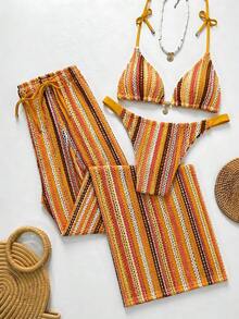 Swim Chiccia Conjunto de bikini a rayas sexy para mujer con pantalones, nueva llegada de trajes de baño para mujer 2026, adecuado para la escuela, vacaciones, citas, té de la tarde, estilo occidental, cruceros, playa, isla, viajes por carretera, todas las estaciones, festivales de música, vacaciones bohemias, vacaciones bohemias, otoño relajado, estilo occidental bohemio, blusas elegantes para mujer - Multicolor 11 - Ver 4