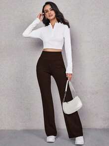 Pantalones acampanados de cintura ancha - Marrón - Ver 4