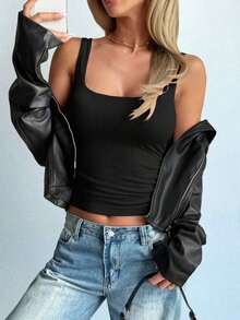 Plus Size Women Ribbed Big U-Neck Back Vest, Solid Color White & Black Sleeveless Tank Top, Slim Fit Basic Underwear For Spring Summer Sports Yoga Daily Wear - Black - View 5