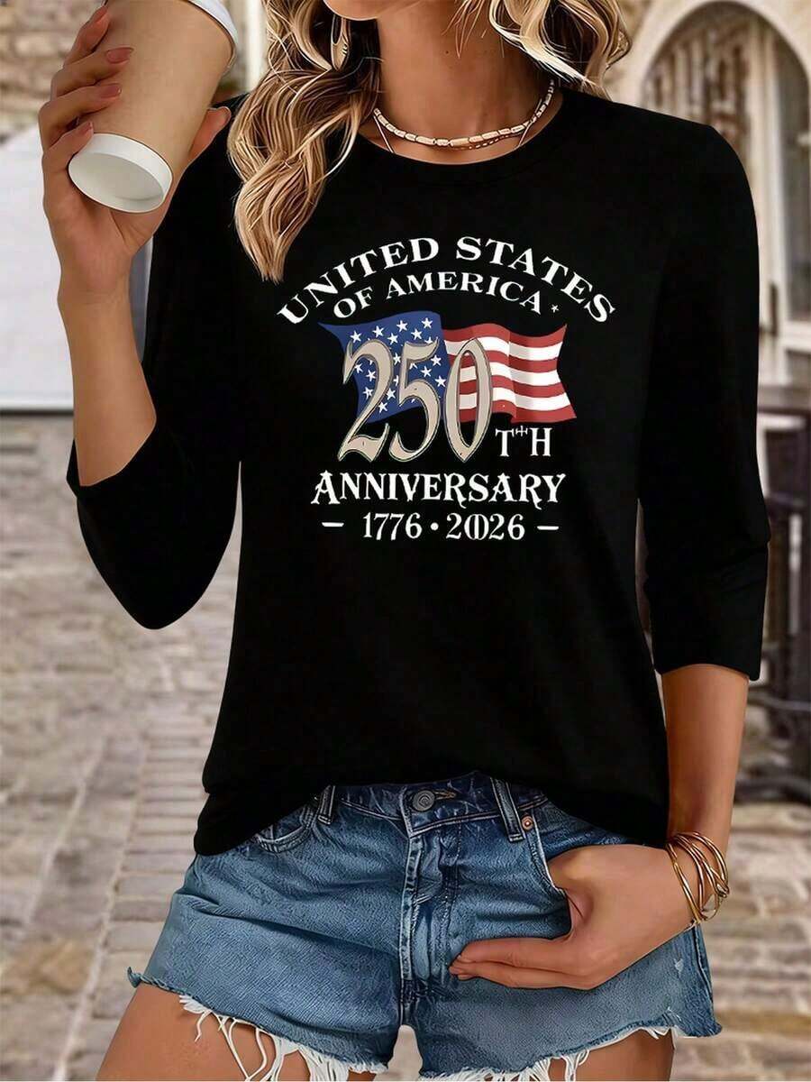 Camiseta Holgada Sencilla para Mujer, Estilo Moderno, Camiseta para el 250º Aniversario para Mujer, Manga Tres Cuartos, Cuello Redondo, Estampado Patriótico "250º Aniversario de la Independencia Americana 1776-2026", Tela Suave y Transpirable, Corte Holgado Casual, que muestra el Orgullo Americano, Ideal para el 4 de Julio y Celebraciones. 100Cotton Camiseta Mujer Estampado Gráfico  Verano 2026 - Negro - Ver 1