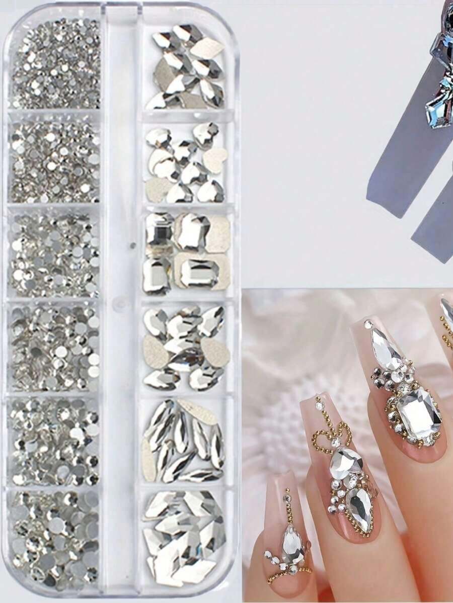 Hộp/Túi 12 ngăn đựng đá pha lê trắng, đá đính móng tay hình tròn dẹt, đá pha lê trong suốt không tiêu chuẩn với 6 kiểu dáng, đá đính thủ công, phù hợp cho thợ làm móng chuyên nghiệp và những người đam mê nghệ thuật làm móng. - trắng - Xem 1