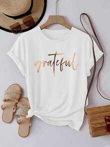Camiseta de mujer con estampado de letras, suave, adecuada para verano y primavera, top casual de manga corta y cuello redondo, ropa de mujer Playera. - Blanco - Ver 1