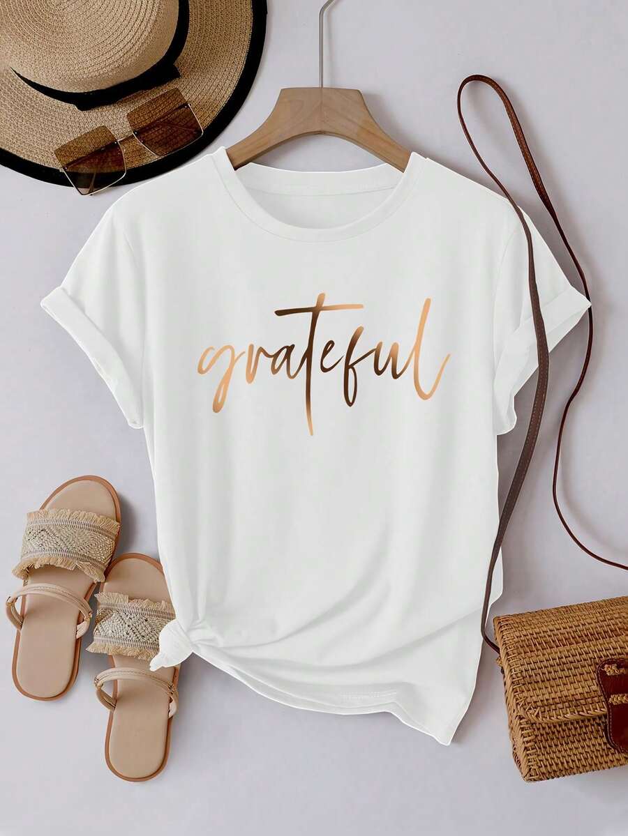 Camiseta de mujer con estampado de letras, suave, adecuada para verano y primavera, top casual de manga corta y cuello redondo, ropa de mujer Playera. - Blanco - Ver 1