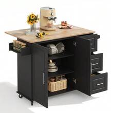 Large Mobile Kitchen Table L137*W43(76)*H92cm, Oak Top, Foldable, Multifunctional Furniture, 3 Drawers, Towel Rack, Ideal For The Kitchen, Dining Room, Home - Black - View 10