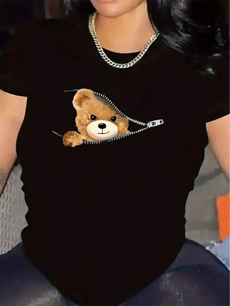 Camiseta de Mujer con Estampado de Oso Teddy - Top Ligero de Poliéster, Casual y Formal para Uso Diario, Lavable a Máquina, Ideal para Casa, Oficina o Cena, Material Transpirable, Blusa Estilosa, Adultos NGBW - Negro - Ver 1