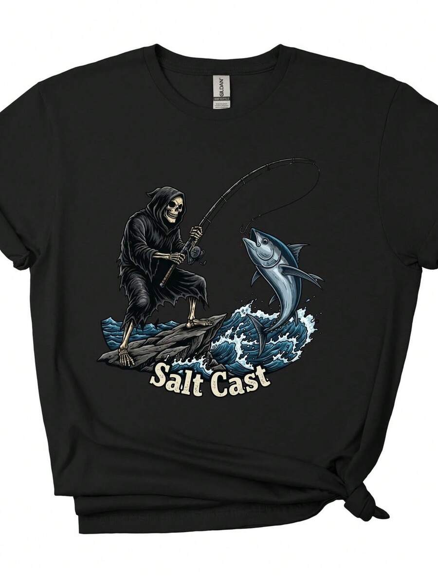 Camiseta de pesca Salt Cast con estampado gráfico T1EE. 220 g, algodón puro unisex. Peso ideal para todas las estaciones, apta para hombres y mujeres. Tejido duradero de alta calidad, suave al tacto y de larga duración. Camiseta transpirable. Adecuada para primavera y verano, vacaciones, Día de la Madre, Día de la Independencia. - Negro - Ver 1
