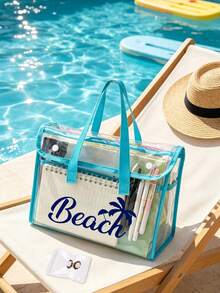 PVC防水海灘包，彩色「Beach」圖案，搭配同款化妝包、盥洗包，女款海灘包，透明托特包，果凍托特包，大容量泳池手提包，郵輪度假必備，海灘包配件，旅行必備，適用於海灘、旅行、購物、戶外活動、工作、學校及日常使用，獨特生日禮物、節日禮物、派對禮物、母親節禮物、度假禮物、婚禮禮物、開學禮物 - 彩色 - 查看 1