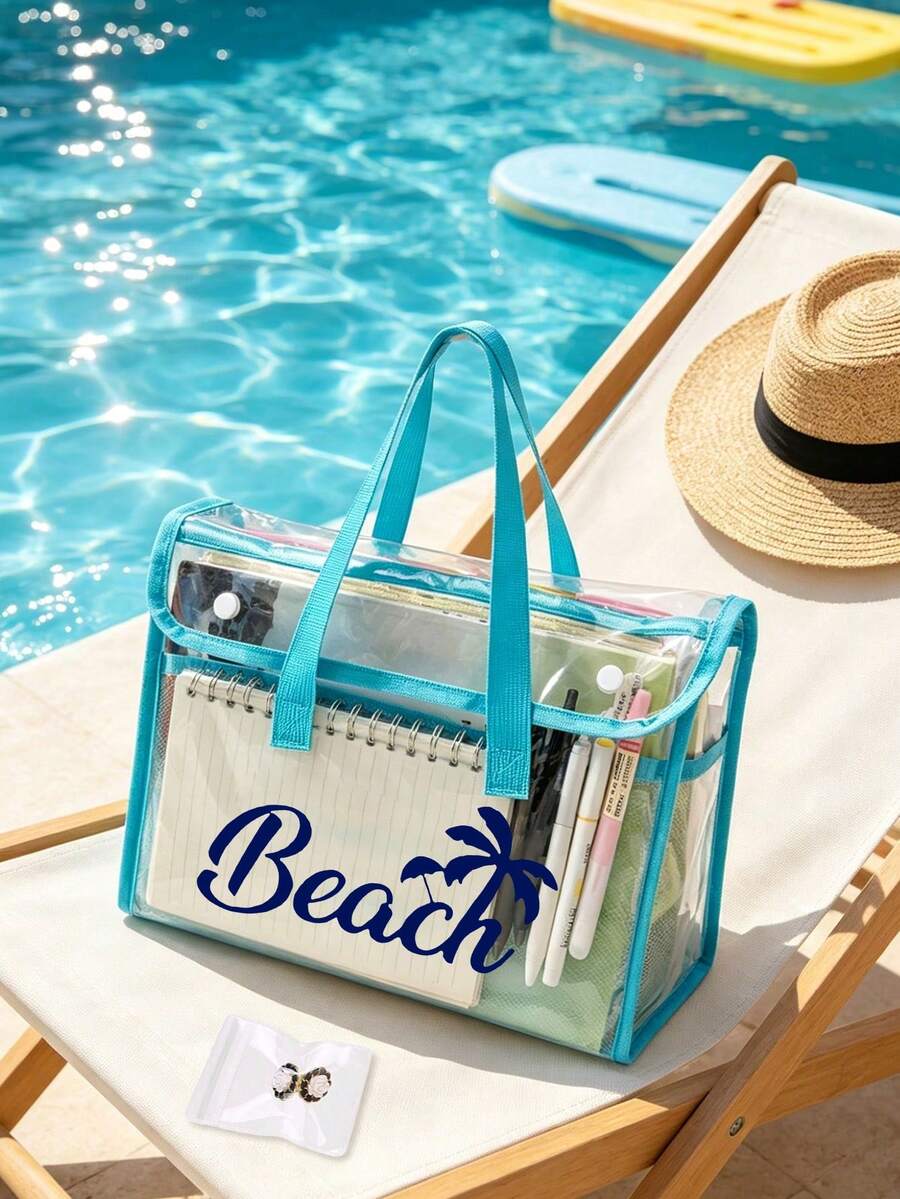 PVC防水海灘包,彩色「Beach」圖案,搭配同款化妝包、盥洗包,女款海灘包,透明托特包,果凍托特包,大容量泳池手提包,郵輪度假必備,海灘包配件,旅行必備,適用於海灘、旅行、購物、戶外活動、工作、學校及日常使用,獨特生日禮物、節日禮物、派對禮物、母親節禮物、度假禮物、婚禮禮物、開學禮物 - 彩色 - 查看 1