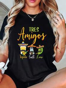 Pure Cotton T-Shirt - Mexican Party T-Shirt - T-Shirt With Print Of Three Friends, Tequila, Salt And Lime On Black Background - Lightweight Round Neck, Suitable For Nights Out, Cinco De Mayo - Easy To Clean Summer Clothes, Casual Spring Clothes, Fun Printed T-Shirt, Medium Elasticity. - 黑色 - 查看 7