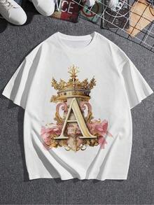 Camiseta Gráfica con Inicial Real A, Elegante Camiseta para Mujer con Diseño Floral y Corona Ornamentada, Estampado Artístico, Estilo Único, Tela Suave y Cómoda, Regalo Perfecto para Ella - Blanco - Ver 3