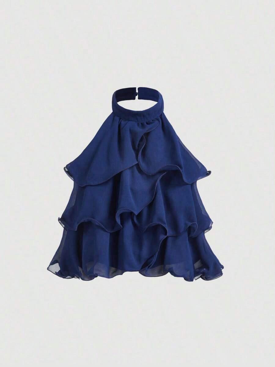 Top corto elegante de múltiples capas con volantes en azul marino, top para Año Nuevo, top de fiesta, top minimalista casual de mujer con botones frontales y tirantes anchos para uso diario, look vintage para el Día de San Valentín - Azul marino - Ver 1