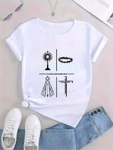1 Pieza Moda Informal Para Hombres Y MujeresNuevas 1 pieza Mujeres Informal Elegante Manga corta Camiseta - Católico Tema Todo Es Católico En Español Camiseta Suave Transpirable Impreso Tee, Redondo Cuello Corto Mangas, Informal Moda Y2K Estilo, Transpirable Suéter Primavera Verano, Fácil Cuidado Rápido y versátil, fácil de combinar, adecuado para el uso diario, estilo urbano, conjuntos de vacaciones, conjuntos de fin de semana. - Blanco - Ver 3