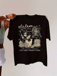 ropa de mujerCamiseta casual de cuello redondo para mujer con estampado de alfabeto, tejido de punto, longitud regular, para todas las estaciones, camiseta gráfica del Salem Book Clubcamisas de mujer - Negro - Ver 6